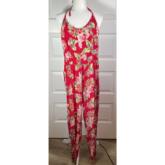 Triple Five Soul SALESMAN SAMPLE Jumpsuit Raspberry Red Tropical Floral Medium - Picture 2 of 7